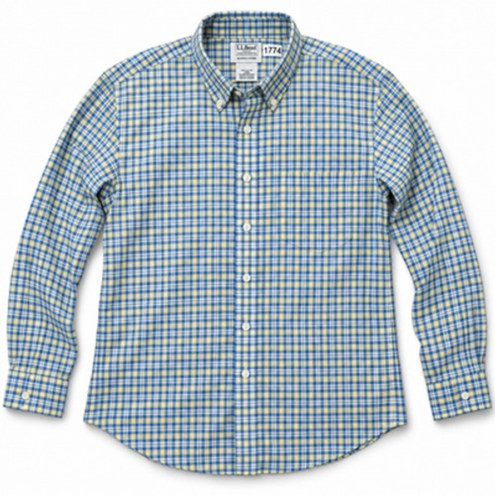 L.L. Bean Shirt Mens Large Blue Yellow Plaid Cotton Long Sleeve Button Down